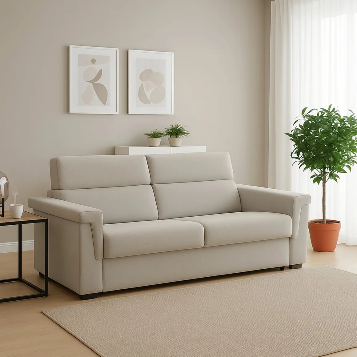 Divano Fisso 2 Posti Beige Sfoderabile Idrorepellente 185x95x100h cm, Lavabile Made in Italy - Lapio