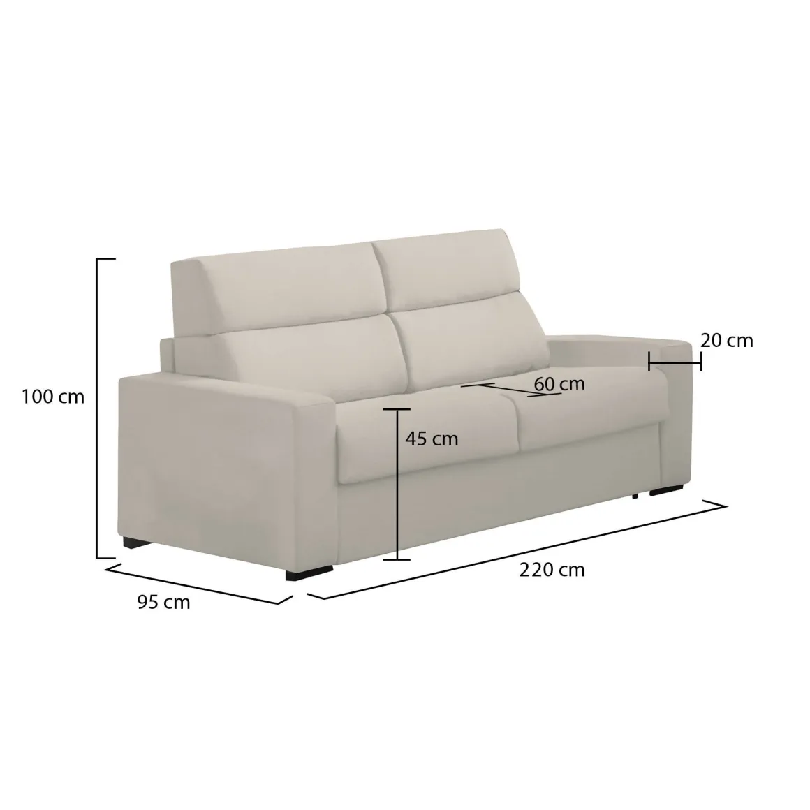 Divano Fisso 3 Posti Beige Sfoderabile Lavabile 220x95 cm, Braccioli Made in Italy - Ozegna