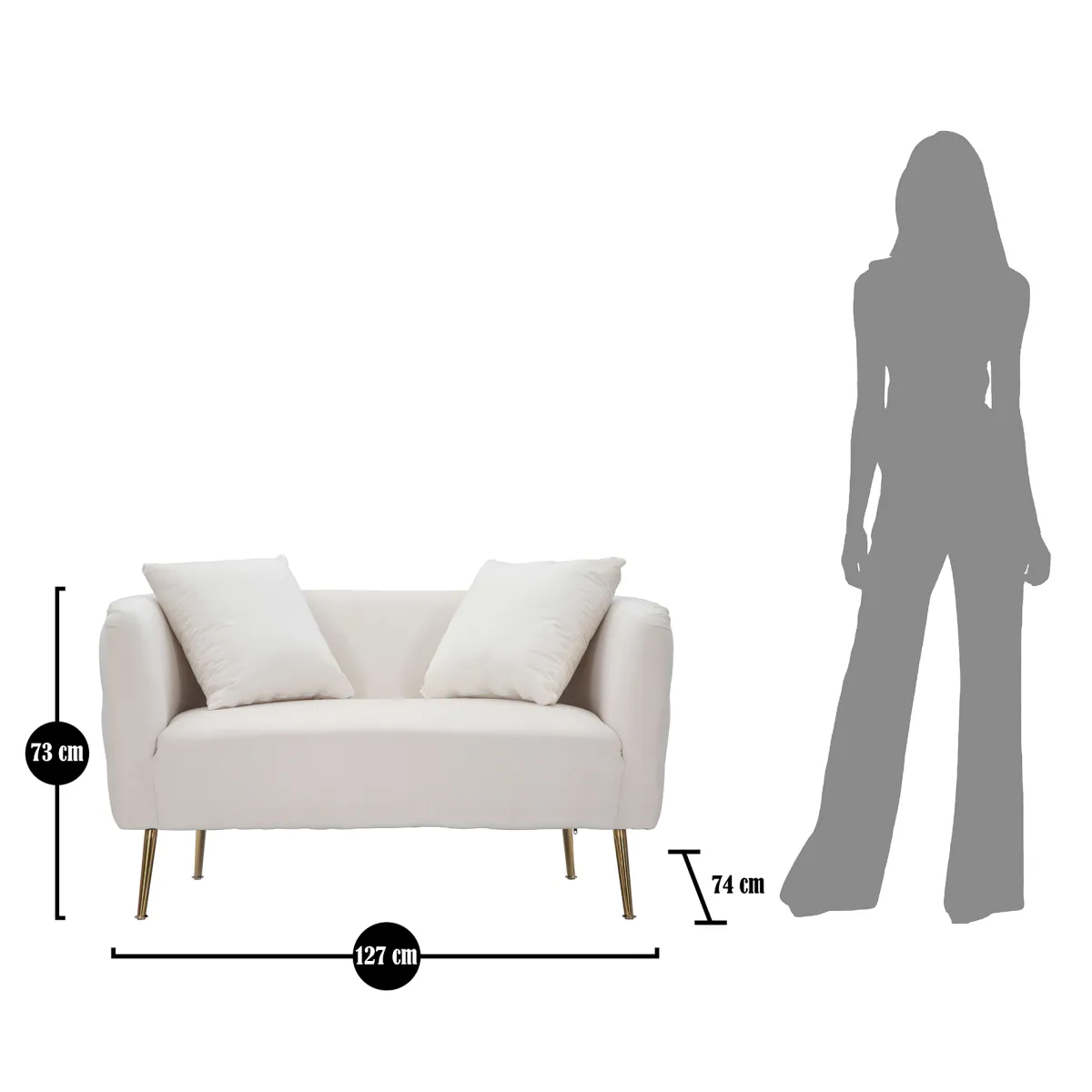 Divani Fissi 2 Posti > Dmora Divano Fisso 2 Posti Bianco oro Effetto Velluto Cuscini Inclusi 127x74x71h cm, Braccioli - Dingle Oro, Bianco