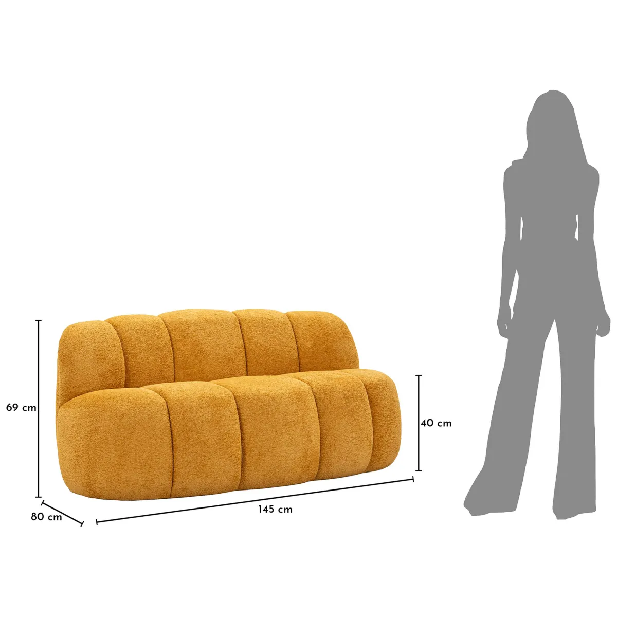 Divani Fissi 2 Posti > Dmora Divano Fisso 2 Posti Posti a Sedere 2 Materiale Struttura in Legno Nobilitato 82x58x147h cm, Altezza Seduta 40 cm - Alchi Giallo Senape