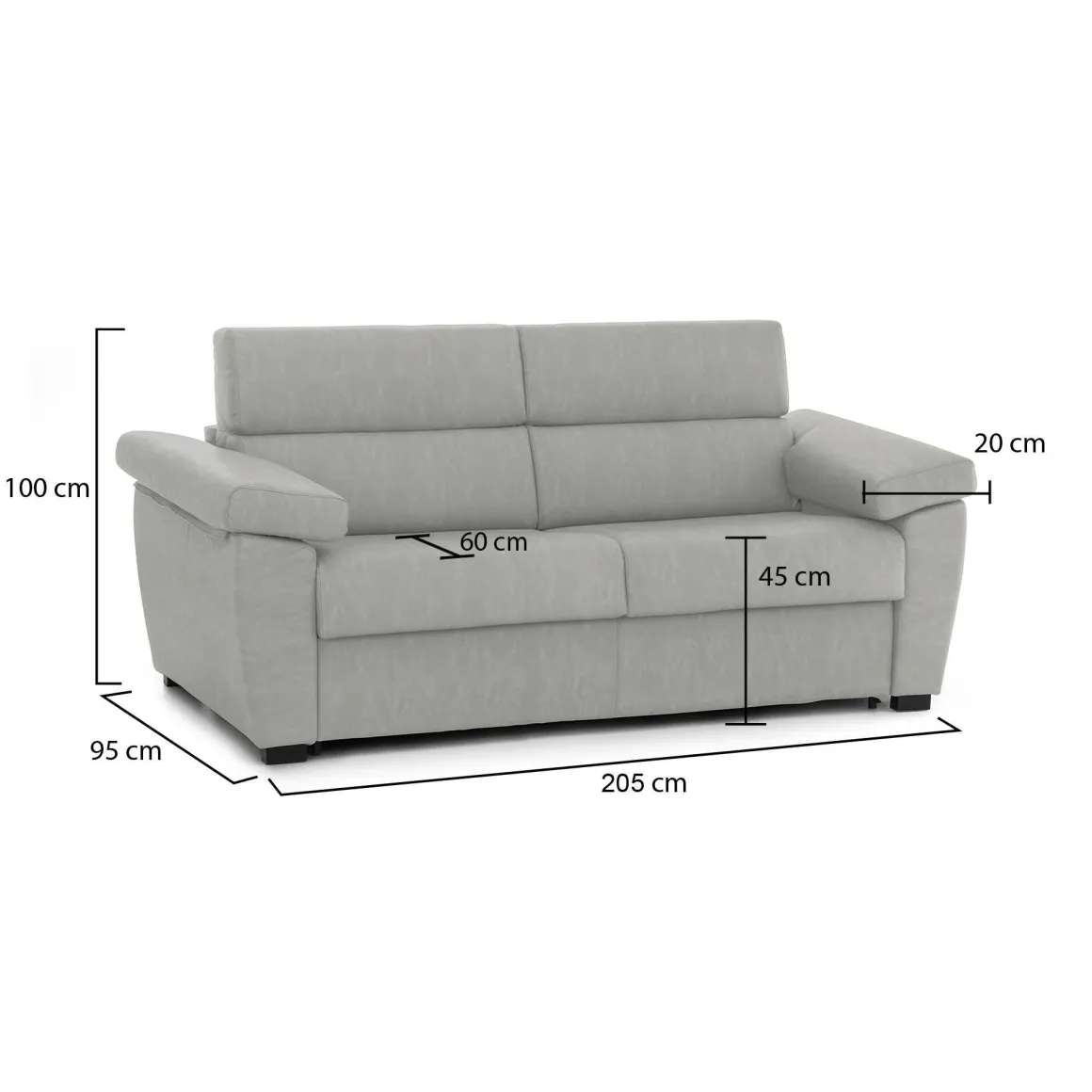 Divano Fisso 2 Posti Grigio Chiaro Sfoderabile Idrorepellente 205x95x100h cm, Lavabile Made in Italy - Gorreto