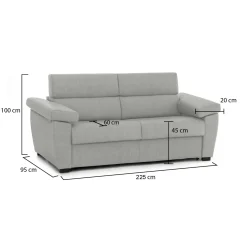 Divano Fisso 3 Posti Grigio Chiaro Sfoderabile Lavabile 225x95 cm, Braccioli Made in Italy - Giffone