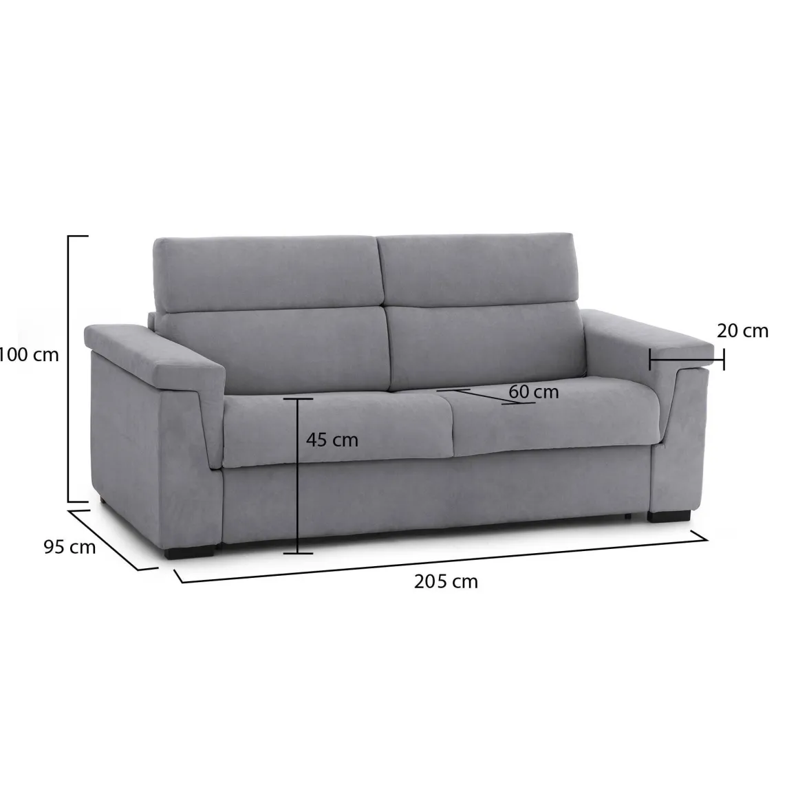 Divano Fisso 2 Posti Grigio Sfoderabile Idrorepellente 205x95x100h cm, Lavabile Made in Italy - Flaibano