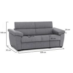 Divano Fisso 3 Posti Grigio Sfoderabile Lavabile 225x95 cm, Braccioli Made in Italy - Giffone