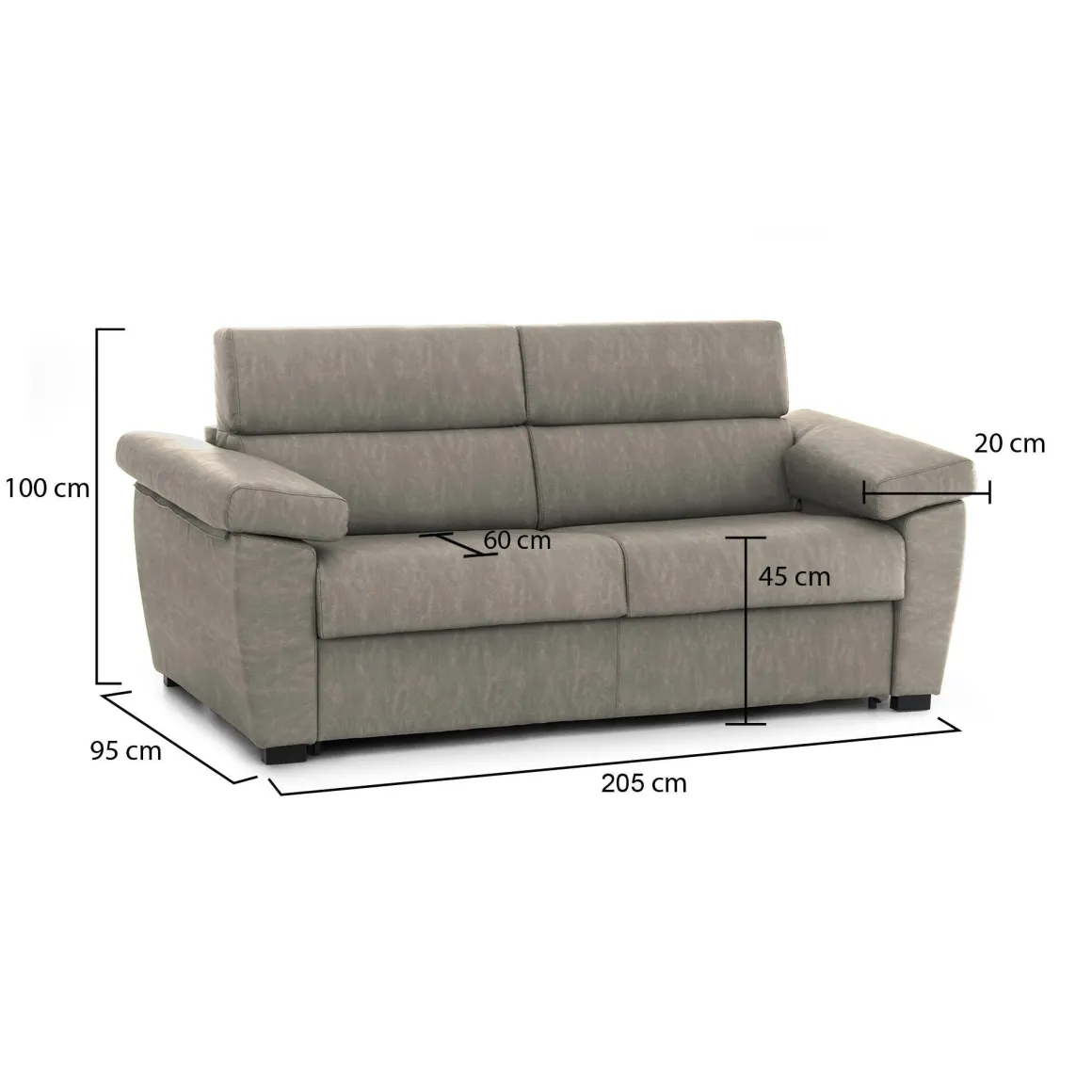 Divano Fisso 2 Posti Grigio Tortora Sfoderabile Idrorepellente 205x95x100h cm, Lavabile Made in Italy - Gorreto