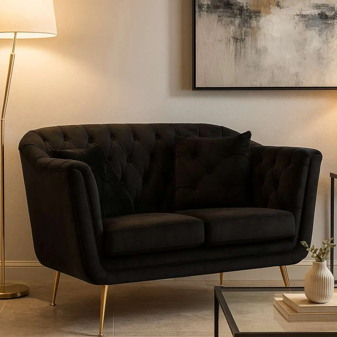 Divano Fisso 2 Posti Nero oro Effetto Velluto Trapuntato Braccioli 130x83x91h cm, Cuscini Inclusi - Diskit