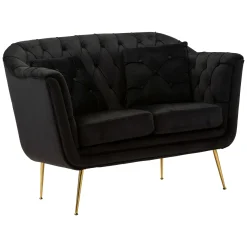 Divano Fisso 2 Posti Nero oro Effetto Velluto Trapuntato Braccioli 130x83x91h cm, Cuscini Inclusi - Diskit