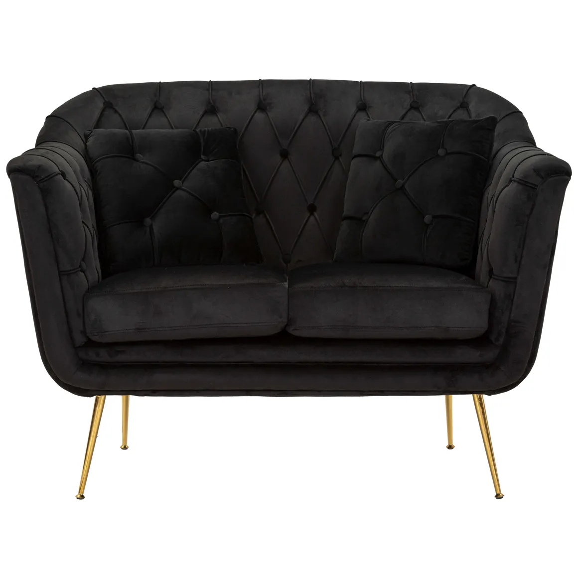 Divano Fisso 2 Posti Nero oro Effetto Velluto Trapuntato Braccioli 130x83x91h cm, Cuscini Inclusi - Diskit
