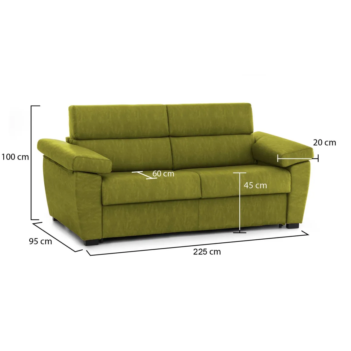 Divano Fisso 3 Posti Verde Sfoderabile Lavabile 225x95 cm, Braccioli Made in Italy - Giffone