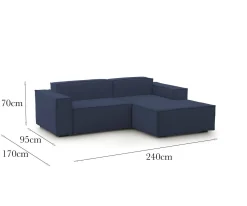 Divano in legno e ferro rivestito in tessuto blu 240x170x70h cm - Ameli