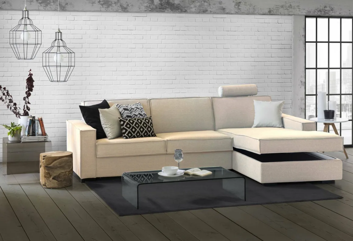 Divani Angolari|Divani Fissi Con Penisola > Dmora Divano in metallo rivestito in tessuto 280x95x90h cm - Atos Beige