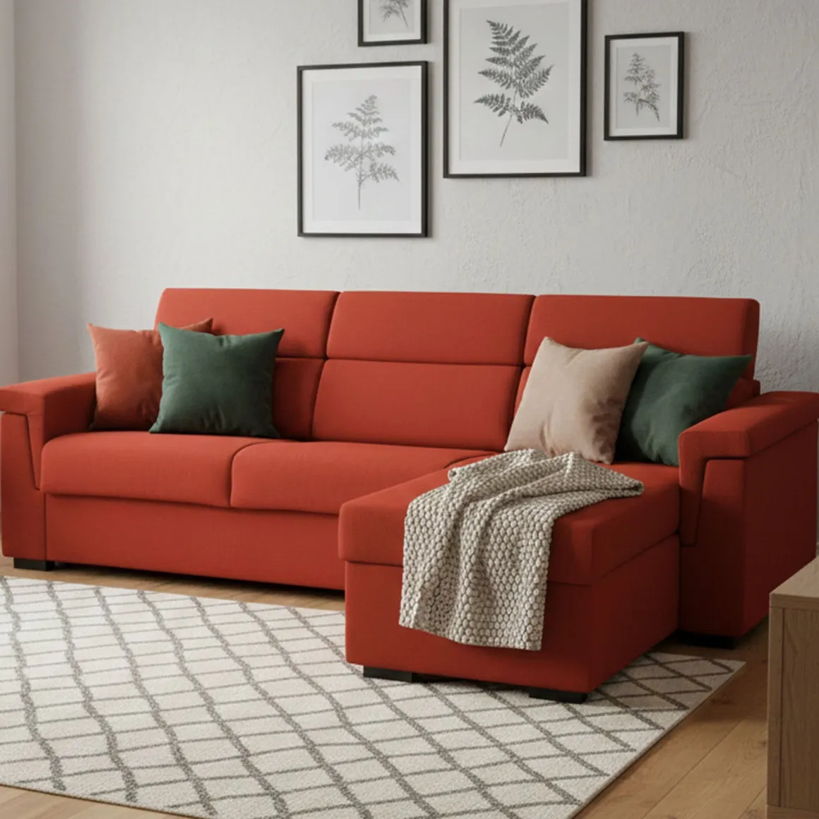 Divano Letto con Penisola Arancione Sfoderabile Contenitore 285x160 cm, Idrorepellente Multiposizione Trasformabile in Letto Made in Italy - Esca