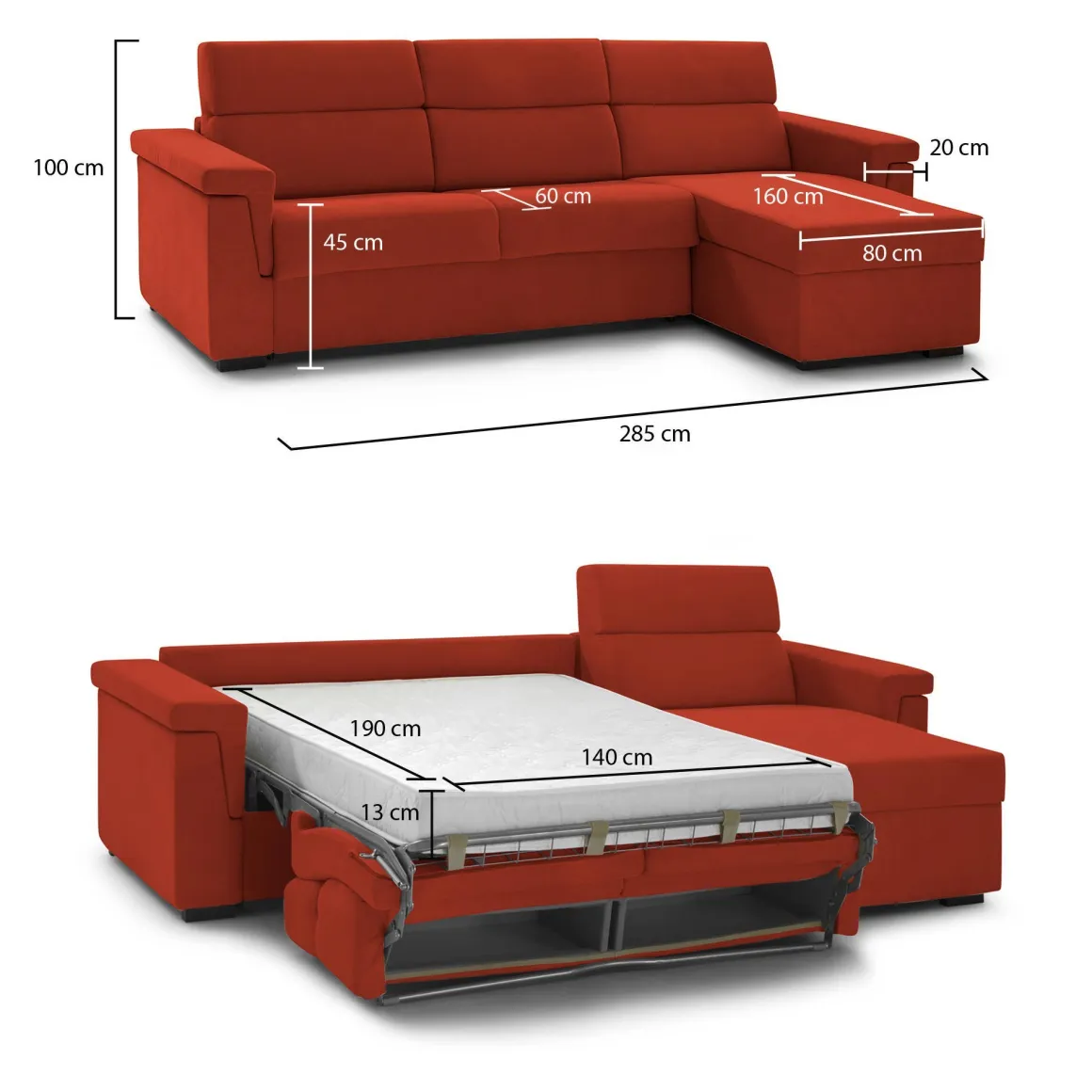 Divano Letto con Penisola Arancione Sfoderabile Contenitore 285x160 cm, Idrorepellente Multiposizione Trasformabile in Letto Made in Italy - Esca