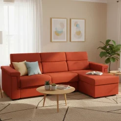 Divano Letto con Penisola Arancione Sfoderabile Contenitore 285x160 cm, Idrorepellente Trasformabile in Letto Made in Italy - Ganzaria