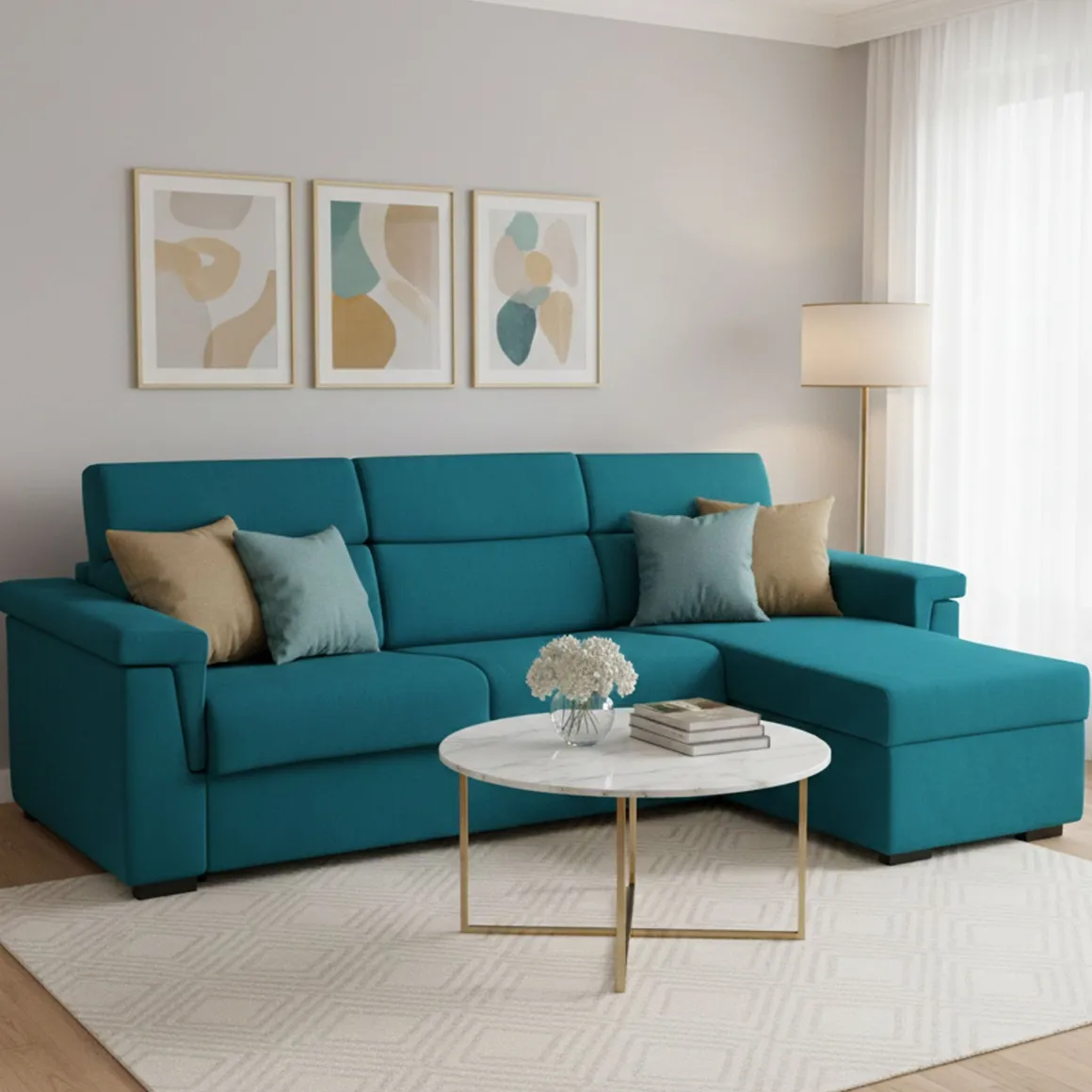 Divano Letto con Penisola Azzurro Sfoderabile Contenitore 285x160 cm, Idrorepellente Multiposizione Trasformabile in Letto Made in Italy - Ganzaria