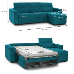 Divano Letto con Penisola Azzurro Sfoderabile Contenitore 285x160 cm, Idrorepellente Multiposizione Trasformabile in Letto Made in Italy - Ganzaria