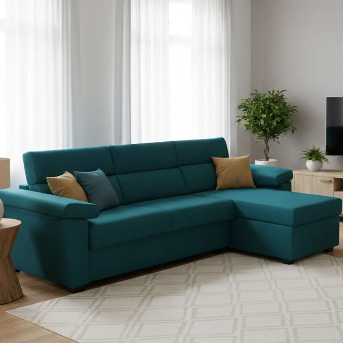 Divano Letto con Penisola Azzurro Sfoderabile Contenitore 285x160 cm, Idrorepellente Multiposizione Trasformabile in Letto Made in Italy - Tolle