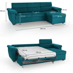 Divano Letto con Penisola Azzurro Sfoderabile Contenitore 285x160 cm, Idrorepellente Multiposizione Trasformabile in Letto Made in Italy - Tolle