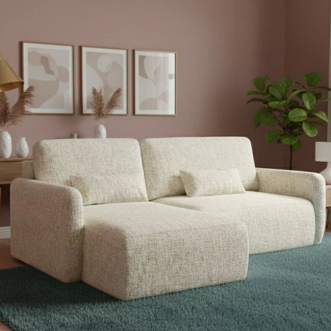 Divani Angolari|Divani Letto Con Penisola > Dmora Divano Letto con Penisola Contenitore Reclinabile 229x148 cm, Cuscini Sfoderabili - Rezzo Beige Chiaro