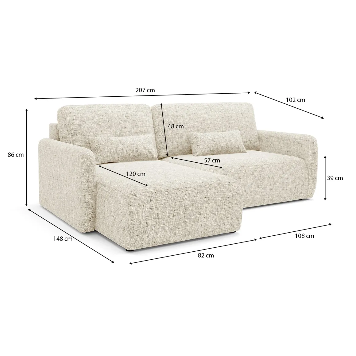 Divani Angolari|Divani Letto Con Penisola > Dmora Divano Letto con Penisola Contenitore Reclinabile 229x148 cm, Cuscini Sfoderabili - Rezzo Beige Chiaro