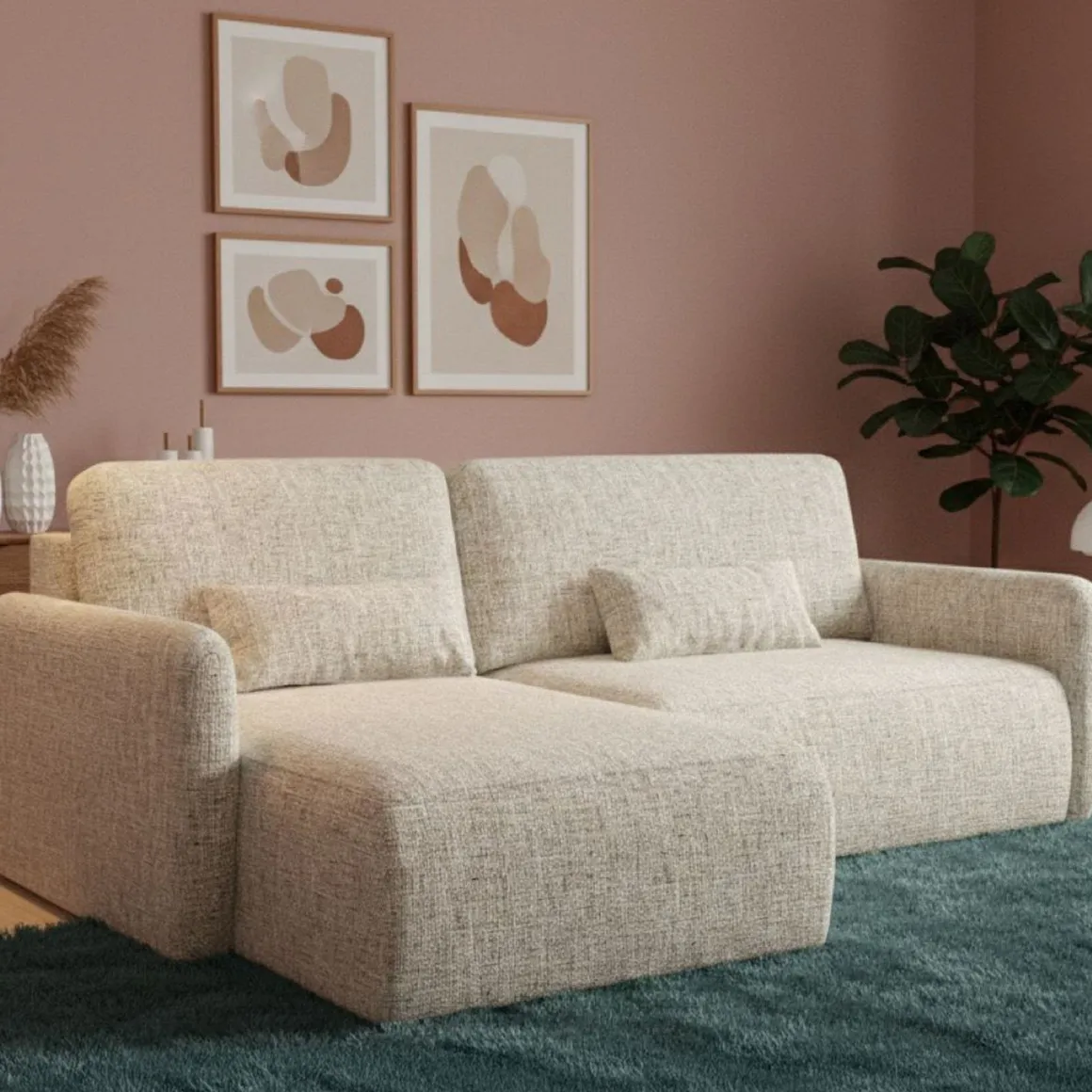 Divano Letto con Penisola Beige Contenitore Reclinabile 207x148 cm, Reversibile - Pagno