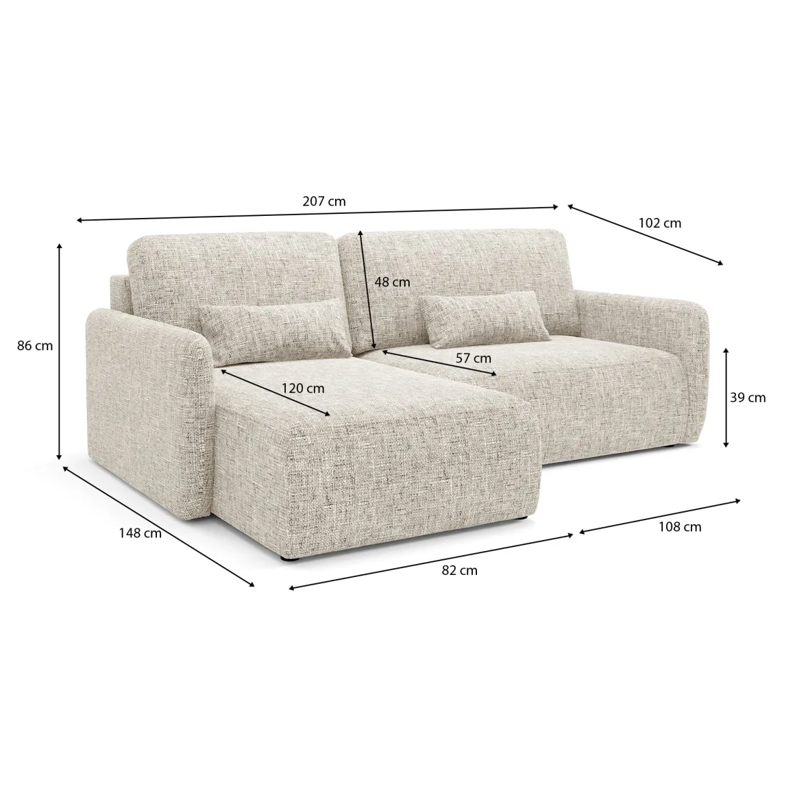 Divano Letto con Penisola Beige Contenitore Reclinabile 207x148 cm, Reversibile - Pagno