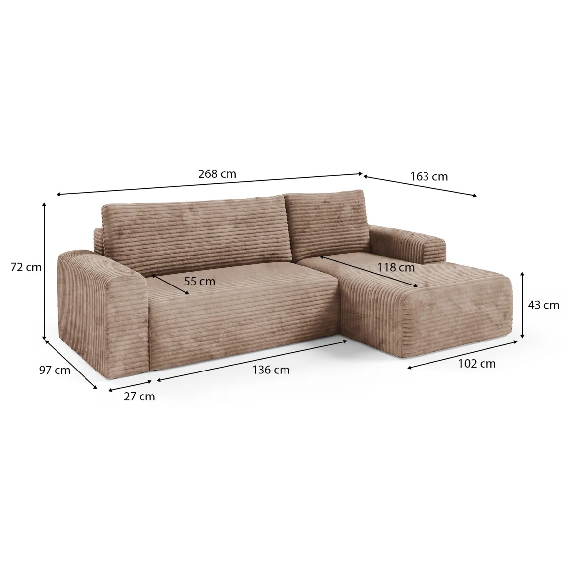 Divani Angolari|Divani Letto Con Penisola > Dmora Divano Letto con Penisola Contenitore Reversibile 253x153 cm, Reclinabile - Paullo Beige