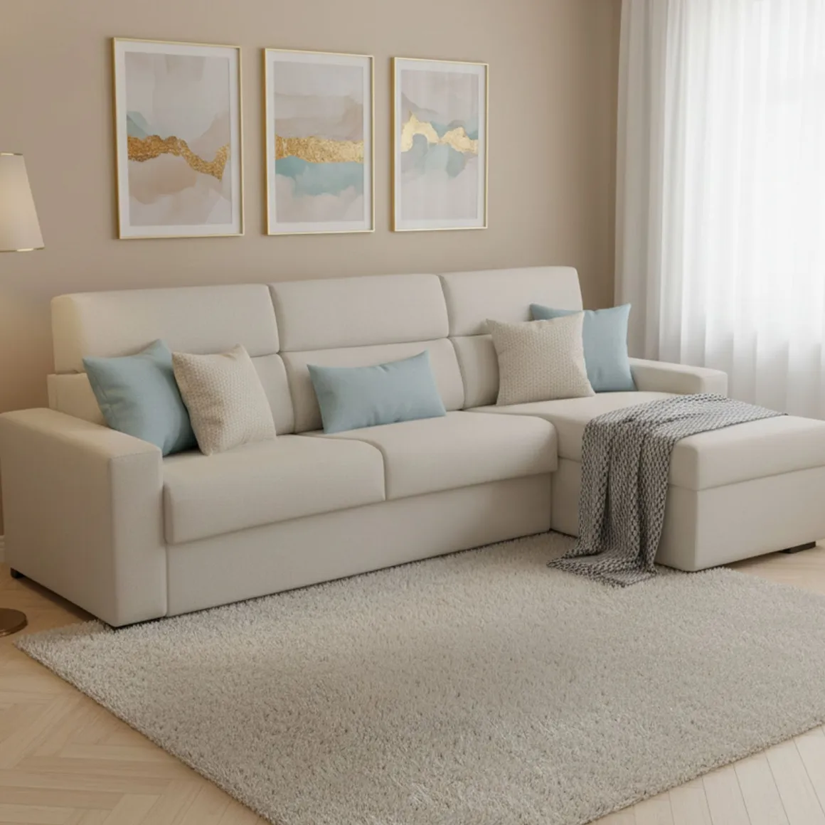 Divano Letto con Penisola Beige Sfoderabile Contenitore 280x160 cm, Idrorepellente Multiposizione Trasformabile in Letto Made in Italy - Celleno