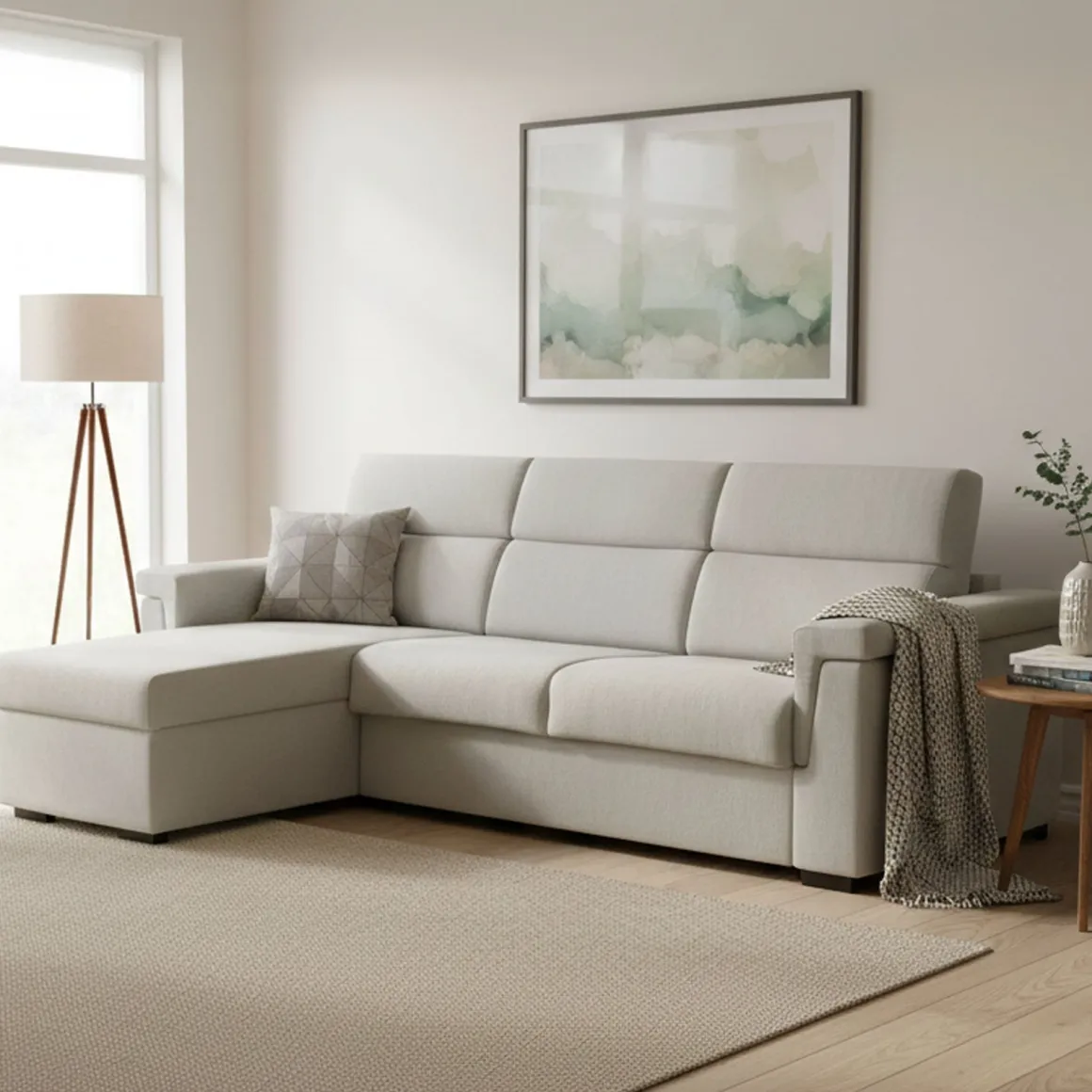 Divano Letto con Penisola Beige Sfoderabile Contenitore 285x160 cm, Idrorepellente Multiposizione Trasformabile in Letto Made in Italy - Esca