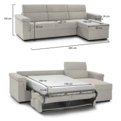 Divano Letto con Penisola Beige Sfoderabile Contenitore 285x160 cm, Idrorepellente Multiposizione Trasformabile in Letto Made in Italy - Esca