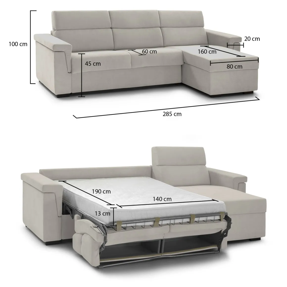 Divano Letto con Penisola Beige Sfoderabile Contenitore 285x160 cm, Idrorepellente Multiposizione Trasformabile in Letto Made in Italy - Esca