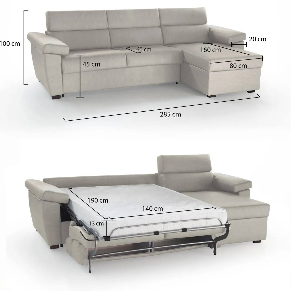 Divano Letto con Penisola Beige Sfoderabile Contenitore 285x160 cm, Idrorepellente Multiposizione Trasformabile in Letto Made in Italy - Priverno