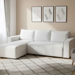 Divani Angolari|Divani Letto Con Penisola > Dmora Divano Letto con Penisola Contenitore Reclinabile 210x149 cm, Cuscini Sfoderabili - Pergola Bianco Crema