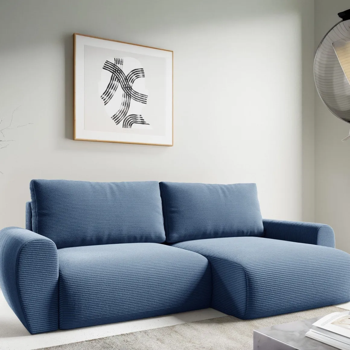 Divano Letto con Penisola blu Contenitore Reversibile 253x153 cm, Reclinabile - Paullo