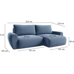 Divano Letto con Penisola blu Contenitore Reversibile 253x153 cm, Reclinabile - Paullo