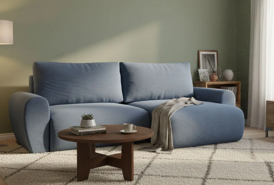 Divano Letto con Penisola blu Contenitore Reversibile 253x153 cm, Reclinabile - Paullo