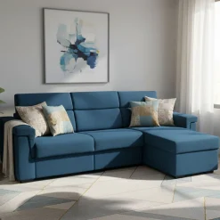 Divano Letto con Penisola blu Sfoderabile Contenitore 285x160 cm, Idrorepellente Multiposizione Trasformabile in Letto Made in Italy - Esca