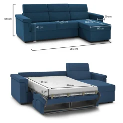 Divano Letto con Penisola blu Sfoderabile Contenitore 285x160 cm, Idrorepellente Multiposizione Trasformabile in Letto Made in Italy - Esca