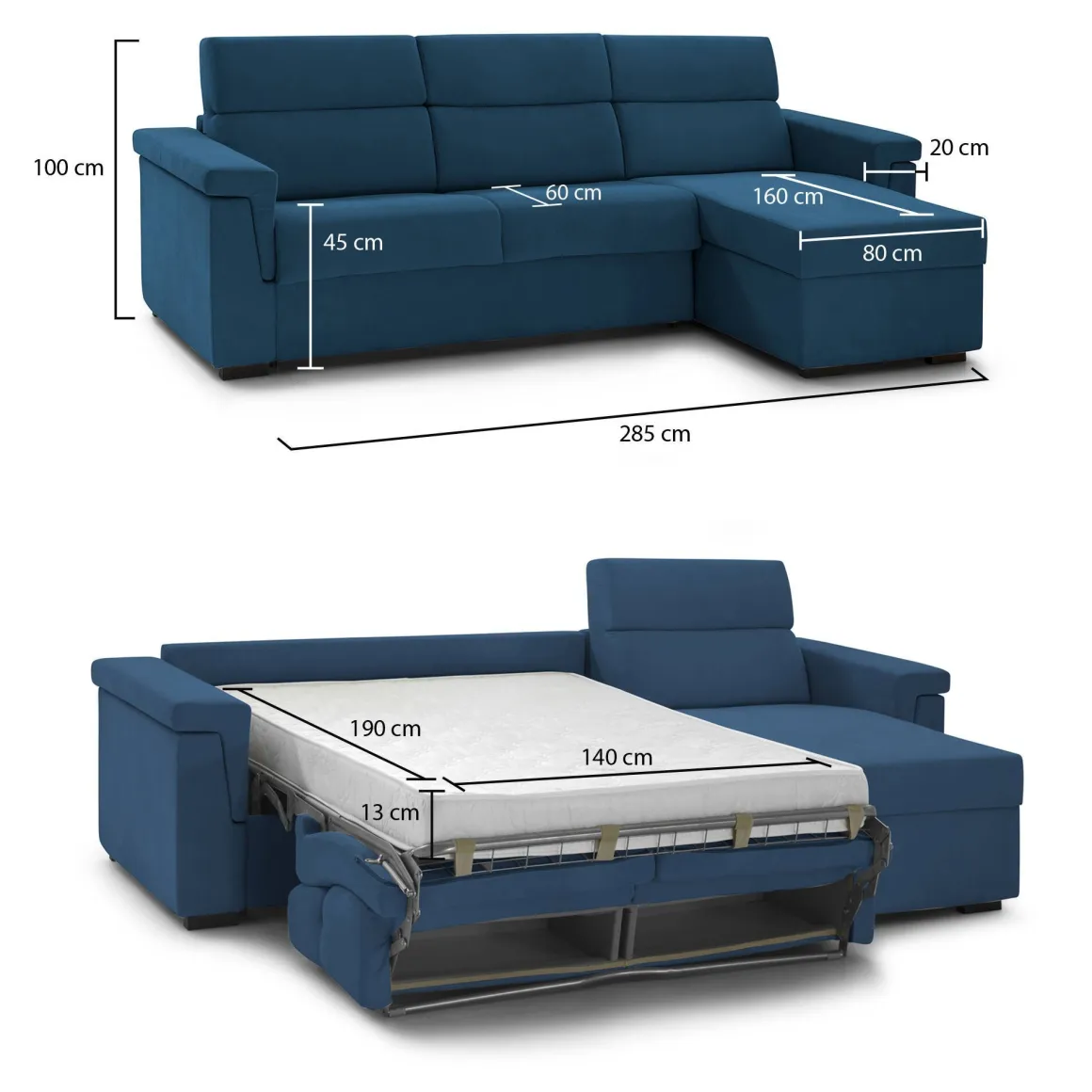 Divano Letto con Penisola blu Sfoderabile Contenitore 285x160 cm, Idrorepellente Multiposizione Trasformabile in Letto Made in Italy - Esca