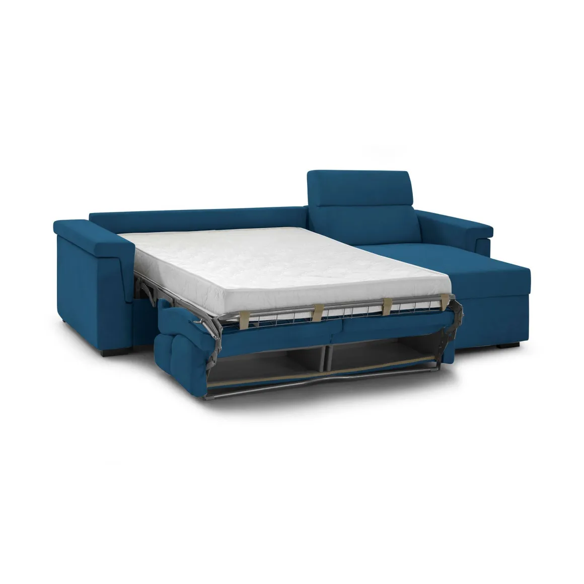 Divano Letto con Penisola blu Sfoderabile Contenitore 285x160 cm, Idrorepellente Multiposizione Trasformabile in Letto Made in Italy - Esca