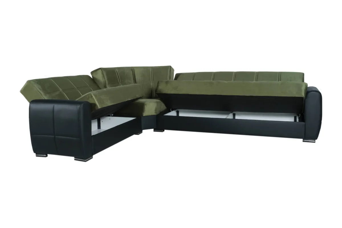 Salotto > Dmora Divano letto con penisola Dgytkja, 305x238h91 cm, Nero e Grigio Scuro Verde, Nero