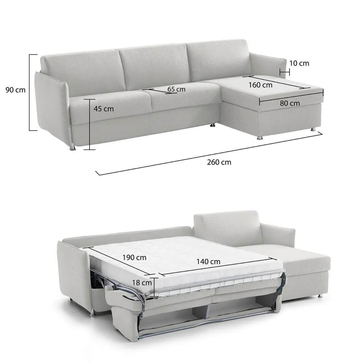 Divani Angolari|Divani Letto Con Penisola > Dmora Divano Letto con Penisola Sfoderabile Contenitore 260x160 cm, Idrorepellente Multiposizione Trasformabile in Letto Made in Italy Grigio Chiaro