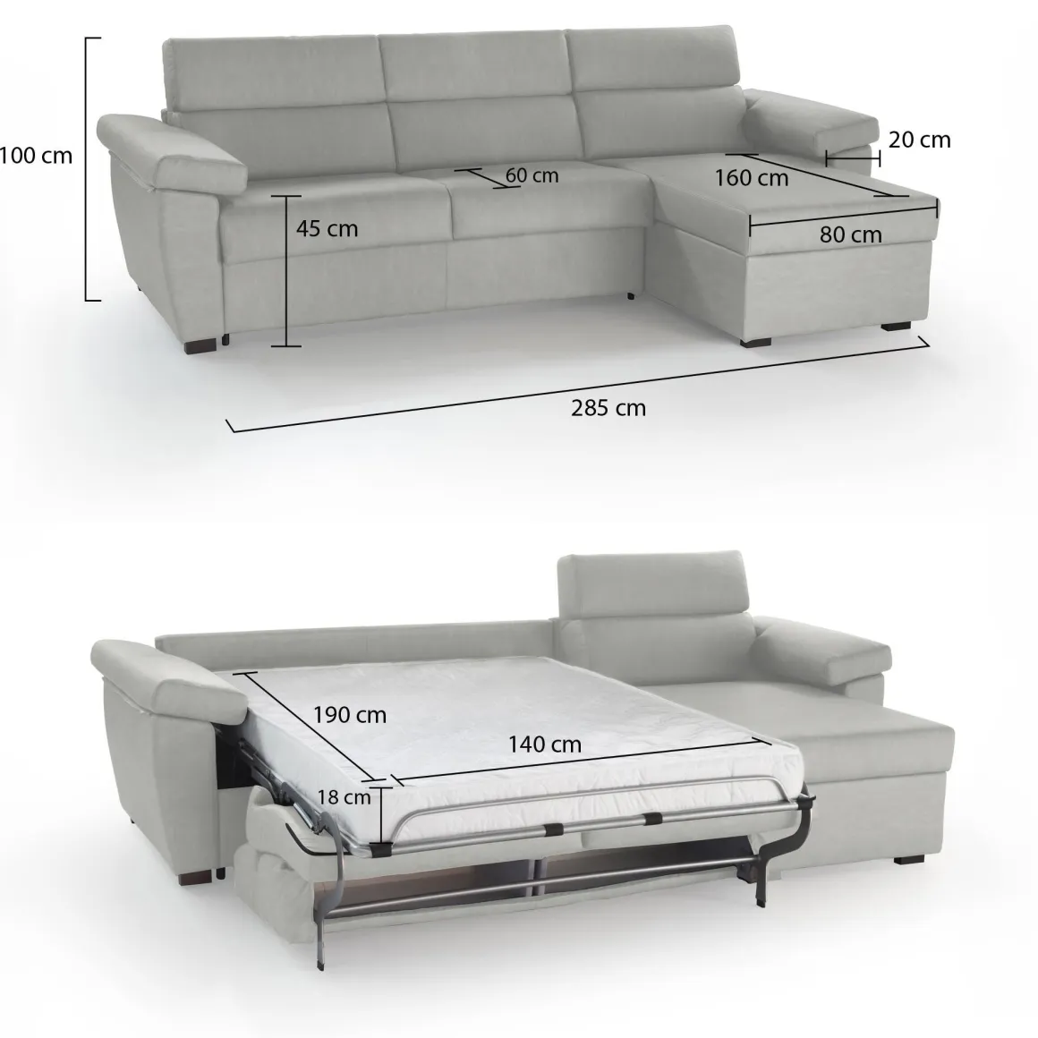 Divani Angolari|Divani Letto Con Penisola > Dmora Divano Letto con Penisola Sfoderabile Contenitore 285x160 cm, Idrorepellente Rialzato da Terra Multiposizione Trasformabile in Letto Grigio Chiaro