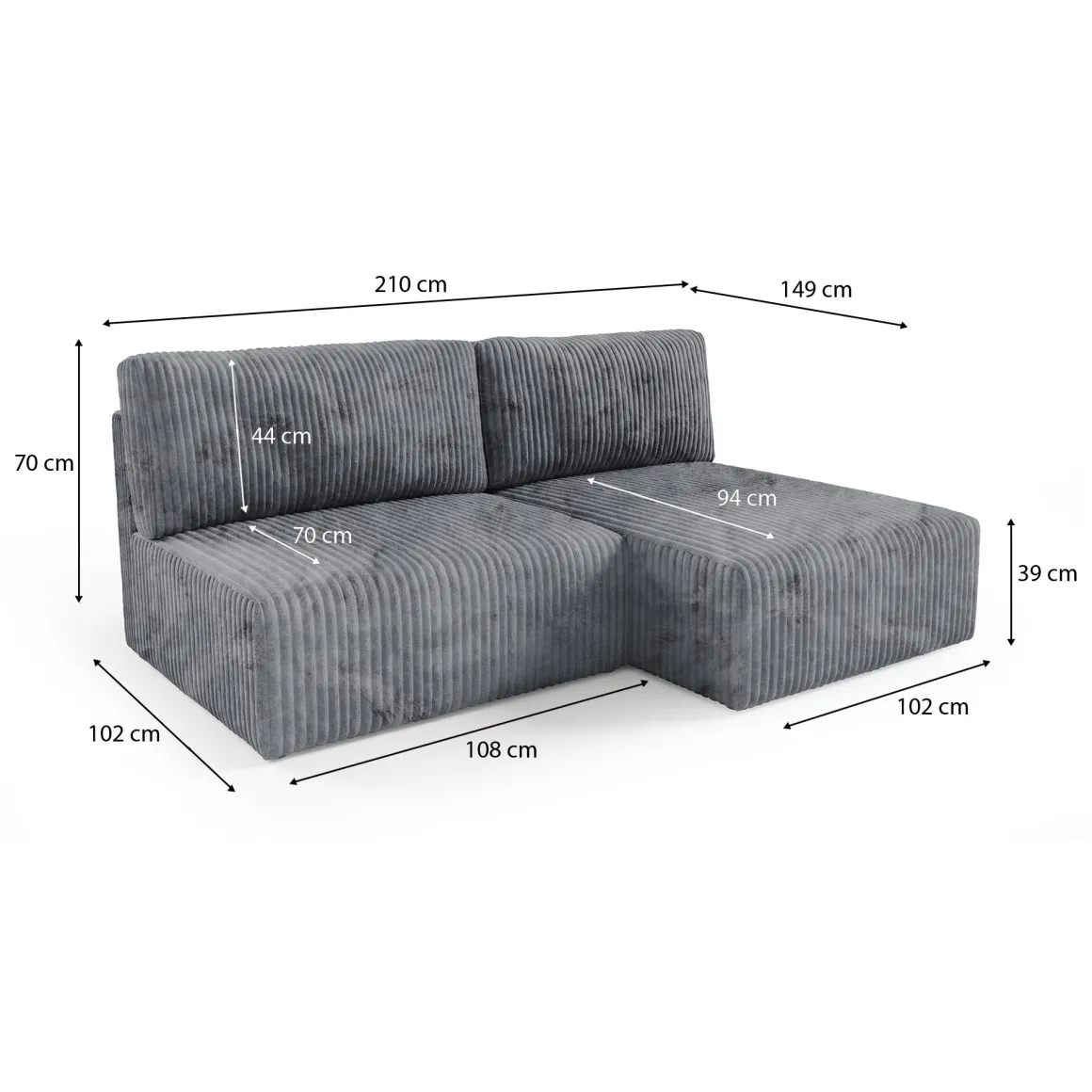 Divano Letto con Penisola Grigio Contenitore Cuscini Sfoderabili 210x149 cm, Reclinabile - Pergola