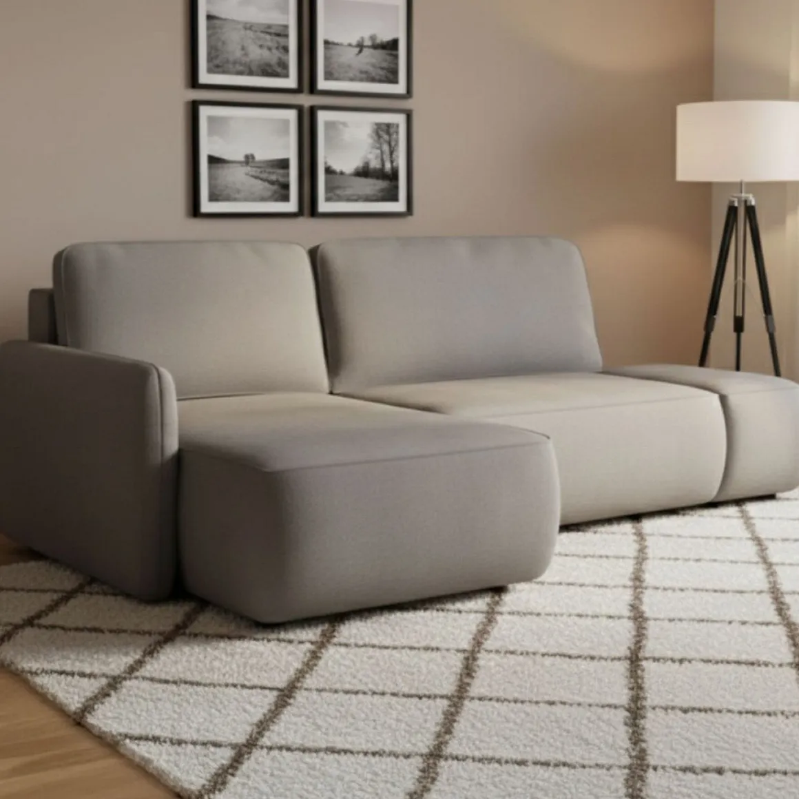 Divano Letto con Penisola Grigio Contenitore Reclinabile 229x148 cm, Cuscini Sfoderabili - Rezzo