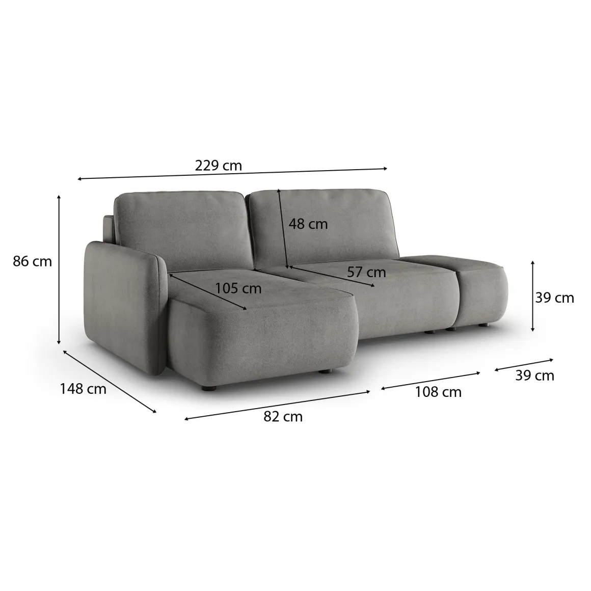 Divano Letto con Penisola Grigio Contenitore Reclinabile 229x148 cm, Cuscini Sfoderabili - Rezzo