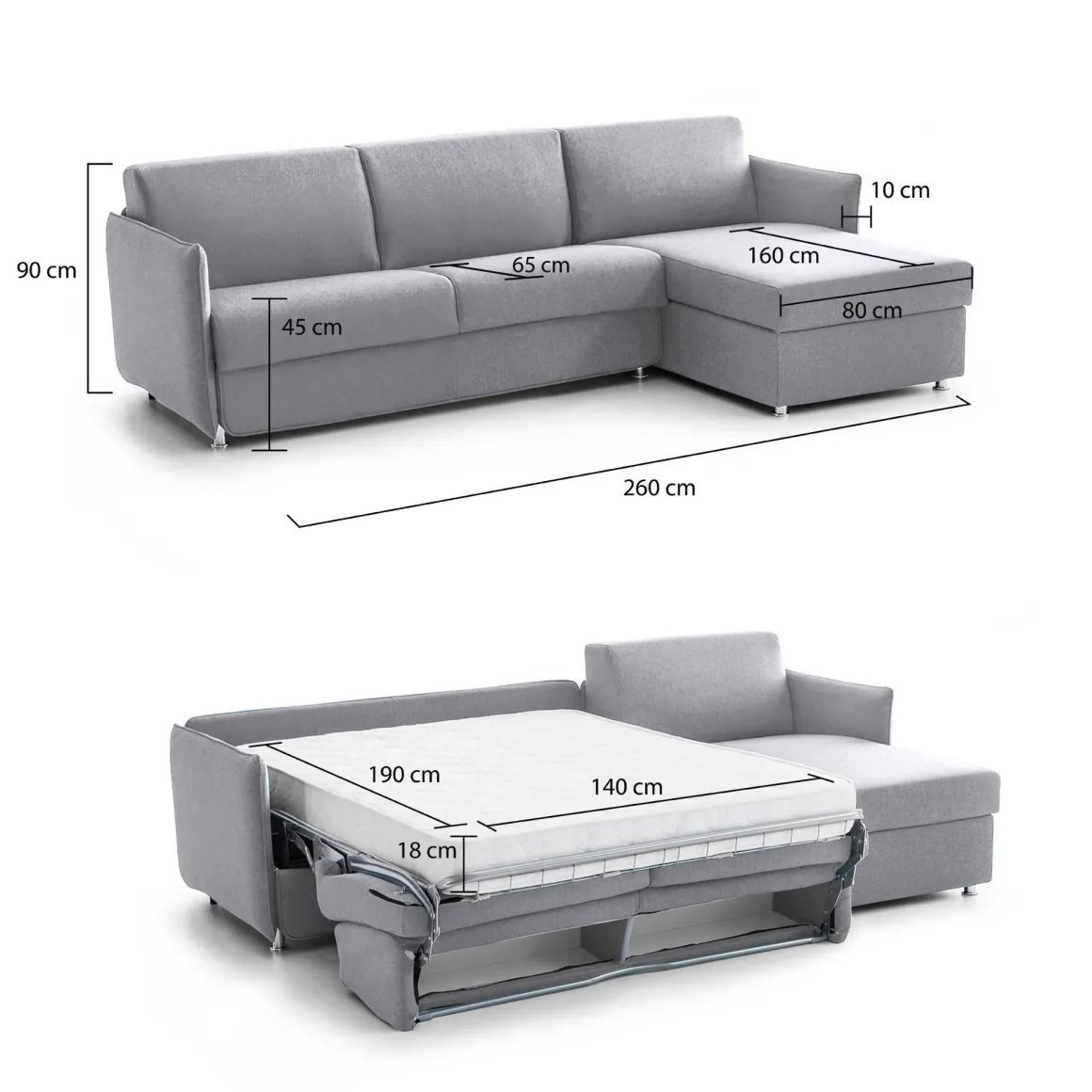 Divani Angolari|Divani Letto Con Penisola > Dmora Divano Letto con Penisola Sfoderabile Contenitore 280x160 cm, Idrorepellente Multiposizione Trasformabile in Letto Made in Italy - Celleno Grigio