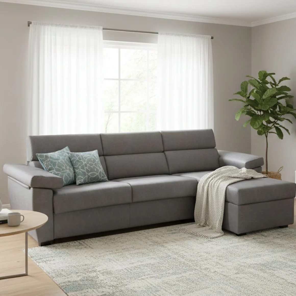 Divano Letto con Penisola Grigio Sfoderabile Contenitore 285x160 cm, Idrorepellente Multiposizione Trasformabile in Letto Made in Italy - Tolle