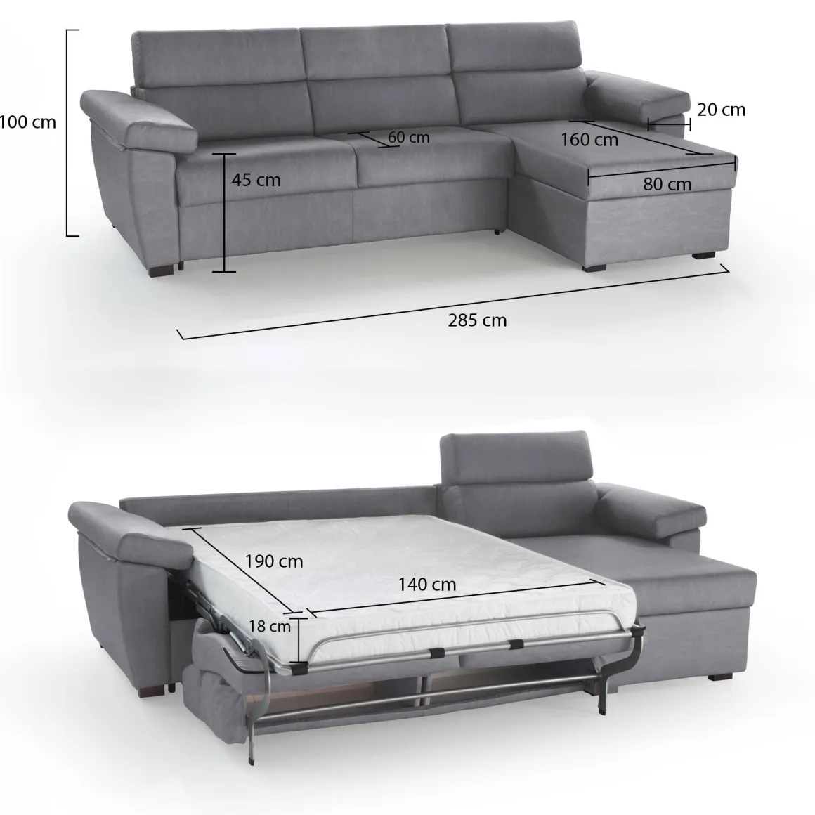 Divano Letto con Penisola Grigio Sfoderabile Contenitore 285x160 cm, Idrorepellente Multiposizione Trasformabile in Letto Made in Italy - Tolle