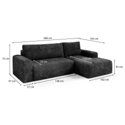Divano Letto con Penisola Nero Contenitore Reclinabile 268x163 cm, Cuscini Sfoderabili - Folgarida